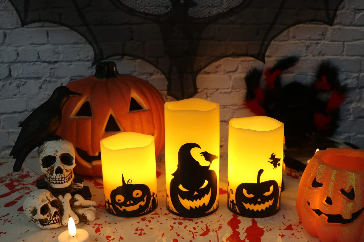 Halloween Flameless Flickering Candles - multiple designs (D 3” X H 4” 5” 6”)