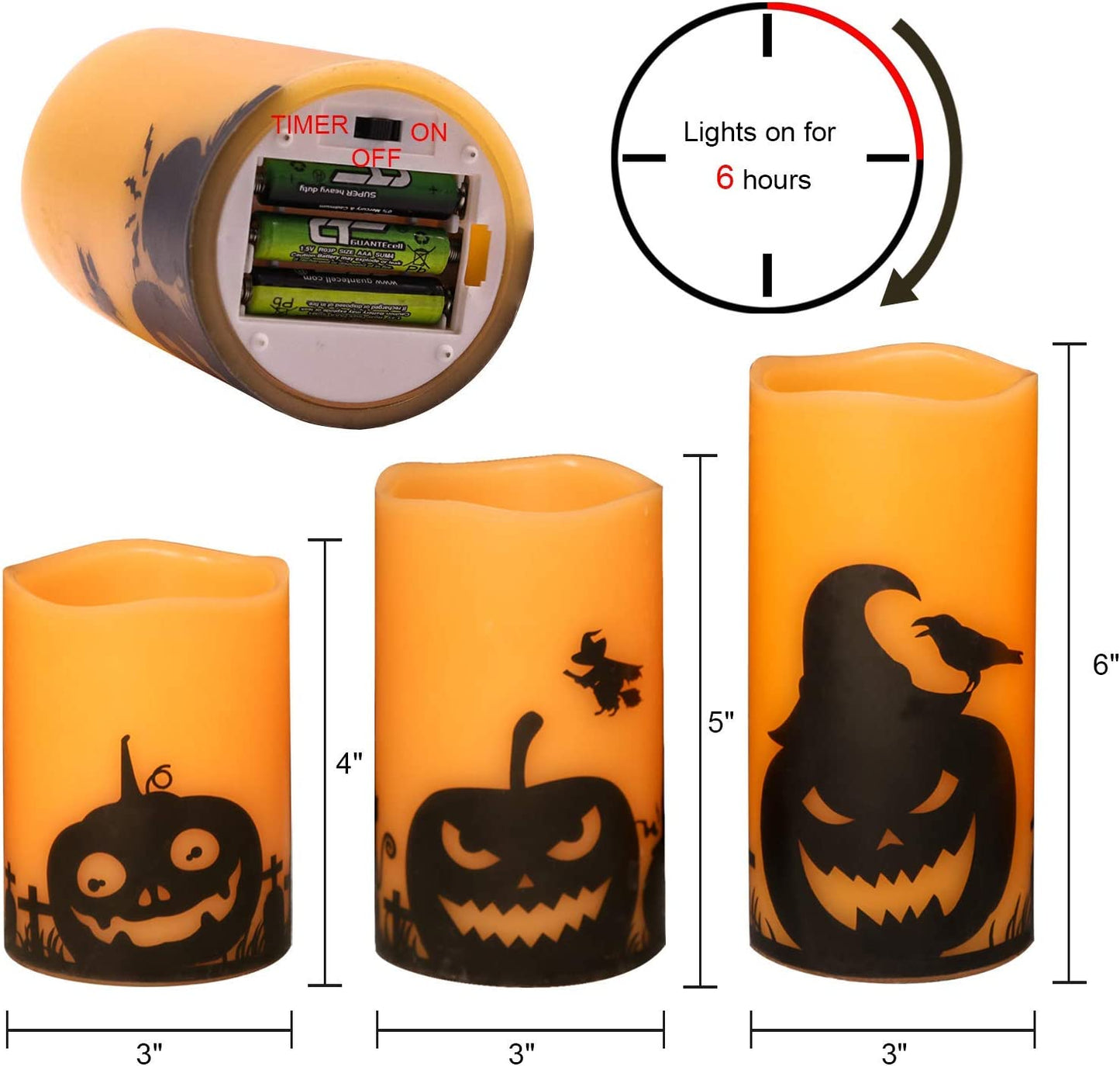 Halloween Flameless Flickering Candles - multiple designs (D 3” X H 4” 5” 6”)