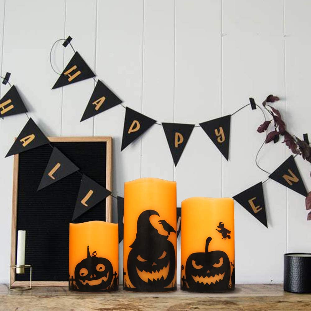 Halloween Flameless Flickering Candles - multiple designs (D 3” X H 4” 5” 6”)