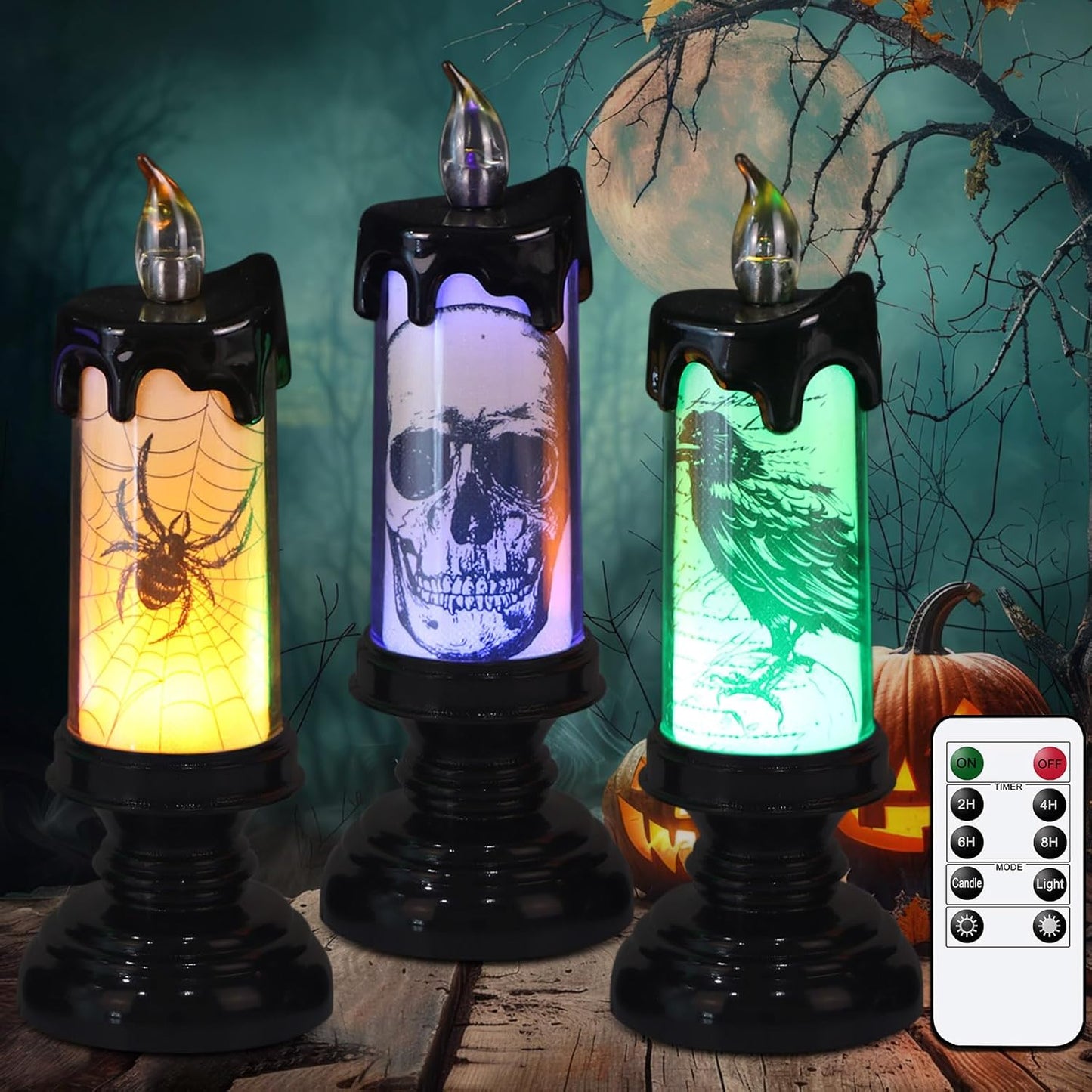 Halloween Flameless Flickering Candles - multiple designs (D 3” X H 4” 5” 6”)