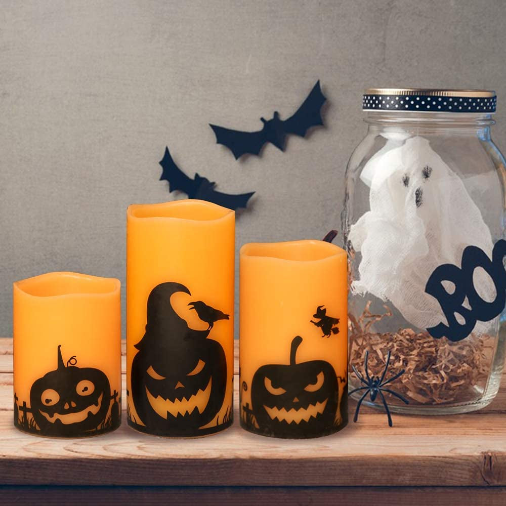 Halloween Flameless Flickering Candles - multiple designs (D 3” X H 4” 5” 6”)