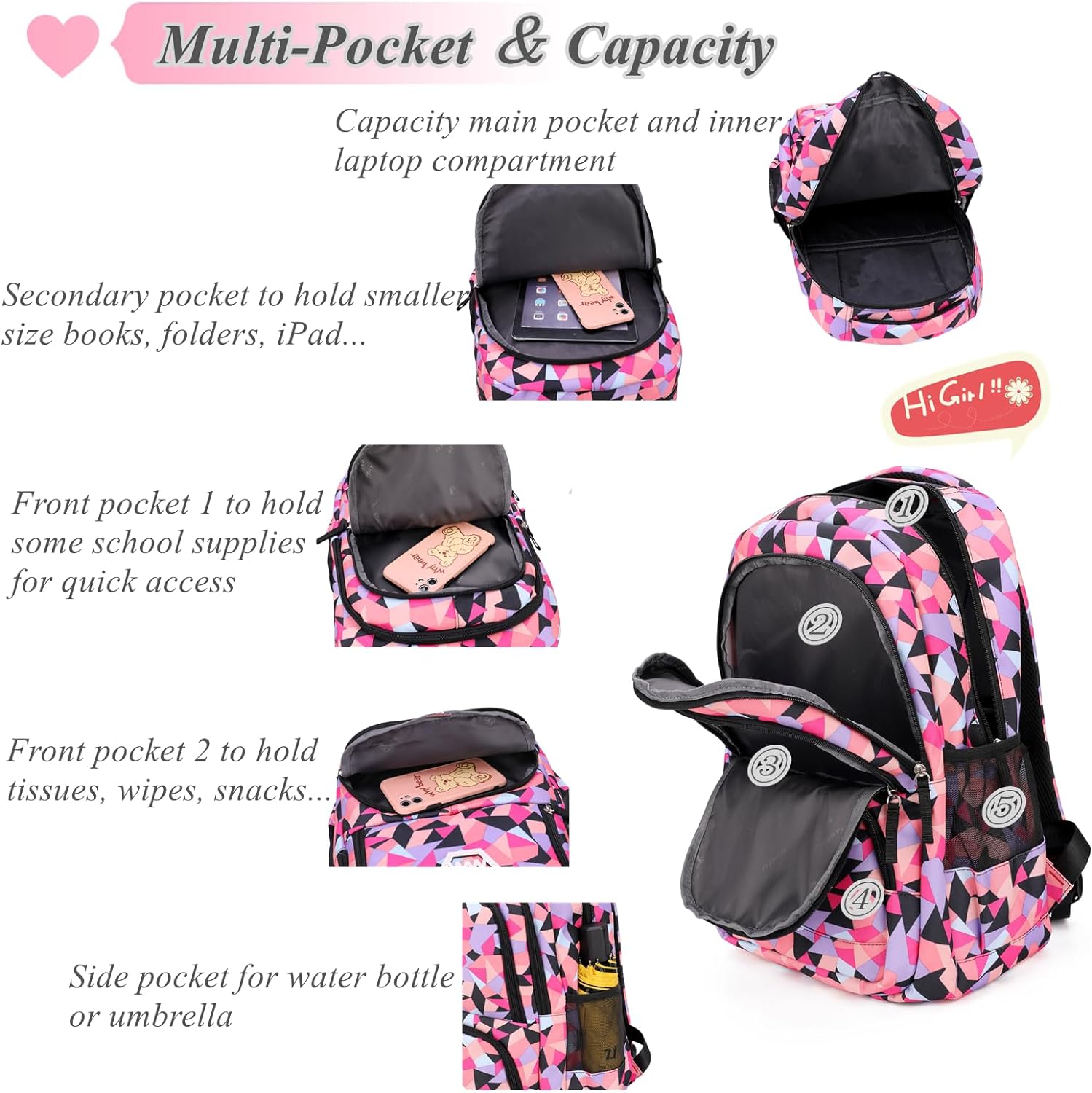 Geometric Print Kids Backpack for Girls Boys School Bag Bookbags