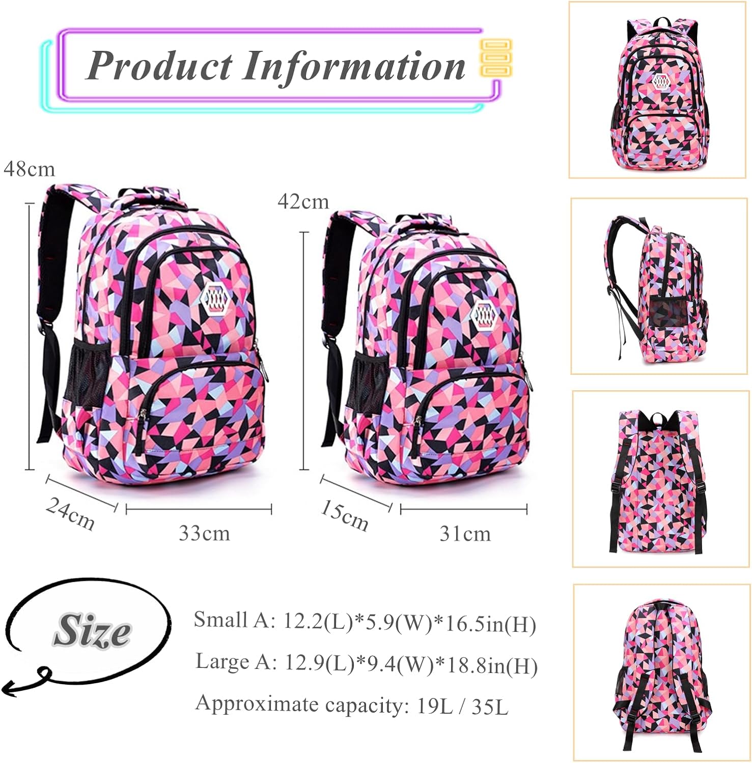 Geometric Print Kids Backpack for Girls Boys School Bag Bookbags