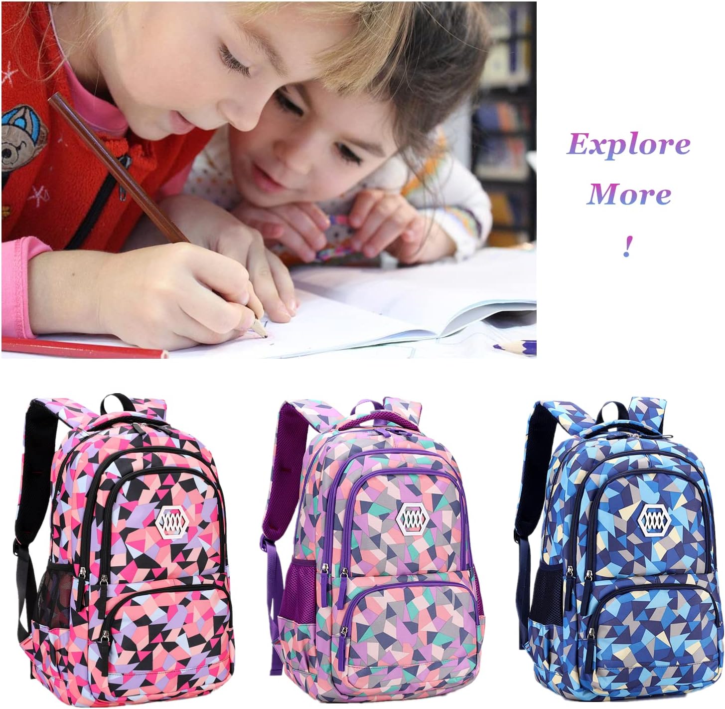 Geometric Print Kids Backpack for Girls Boys School Bag Bookbags