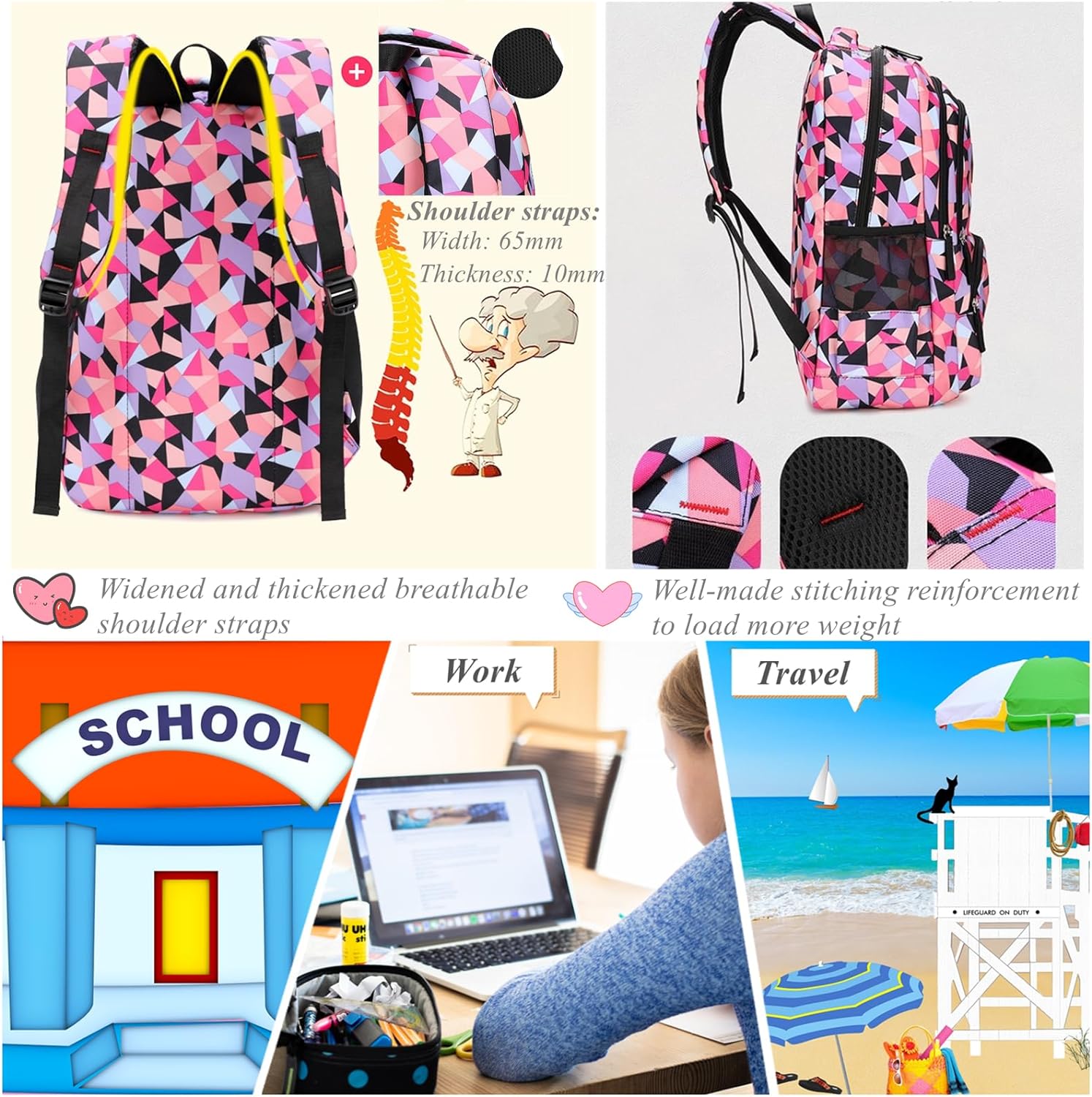 Geometric Print Kids Backpack for Girls Boys School Bag Bookbags