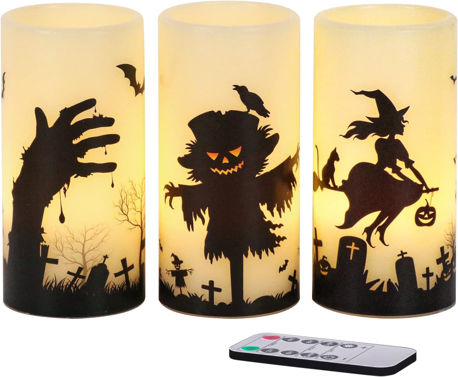 Halloween Flameless Flickering Candles - multiple designs (D 3” X H 4” 5” 6”)