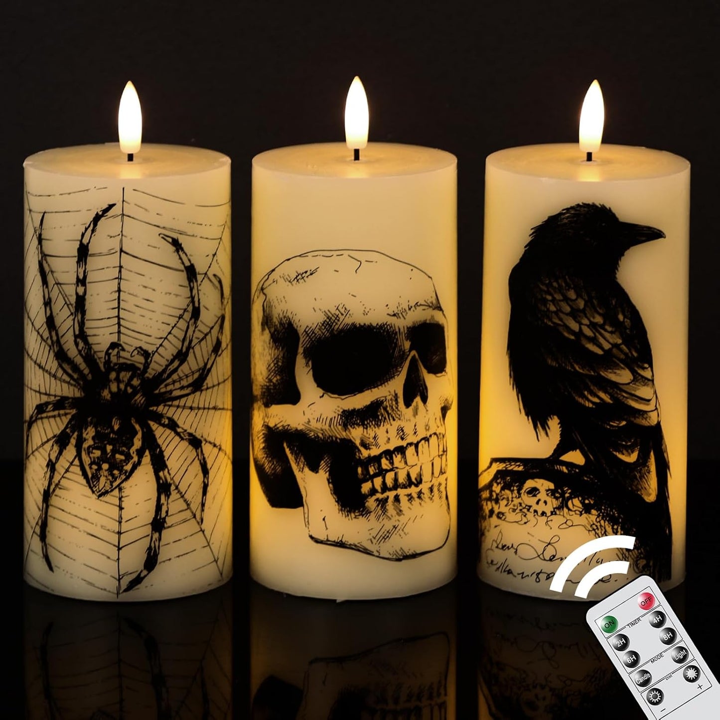 Halloween Flameless Flickering Candles - multiple designs (D 3” X H 4” 5” 6”)