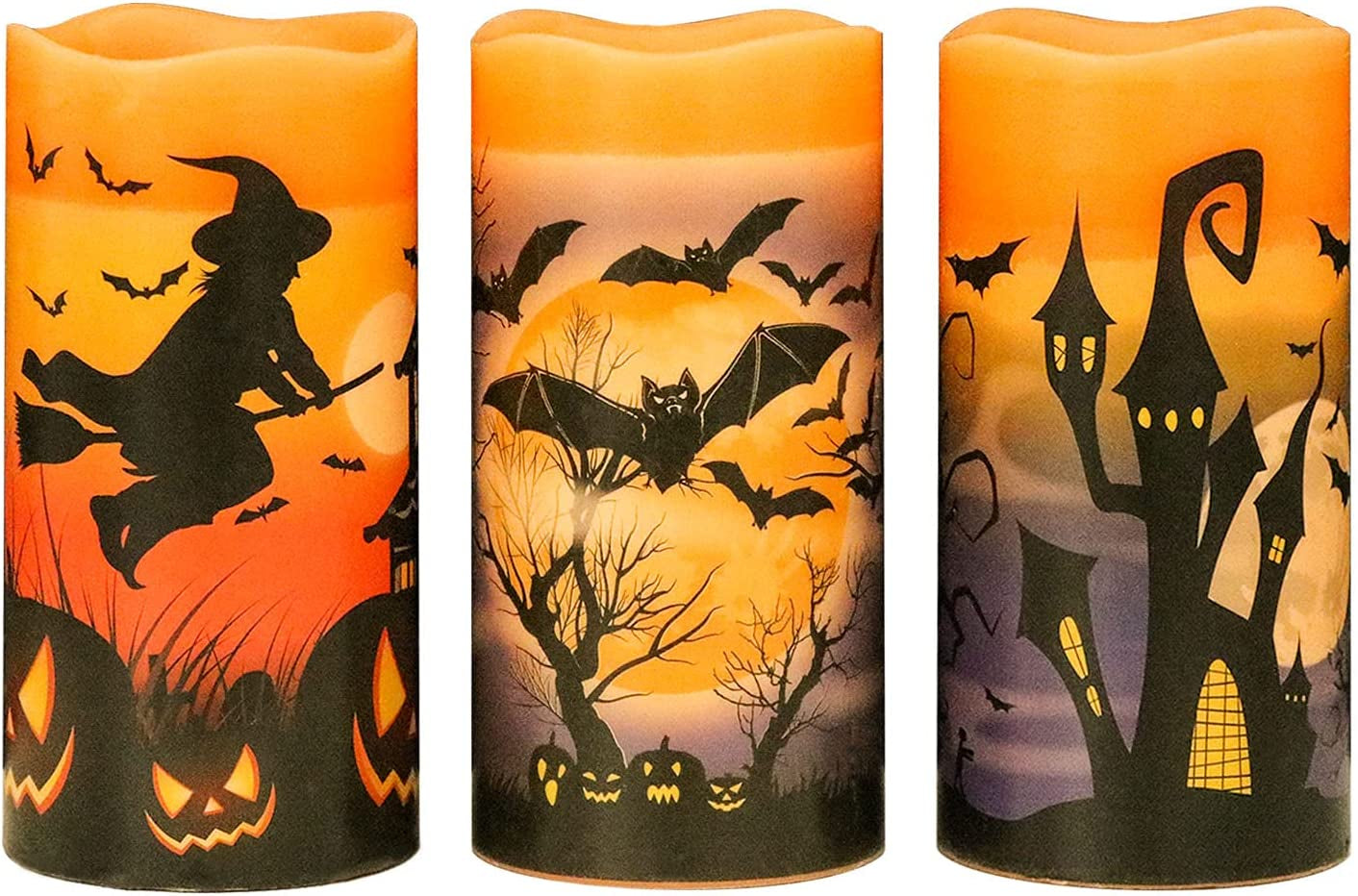 Halloween Flameless Flickering Candles - multiple designs (D 3” X H 4” 5” 6”)