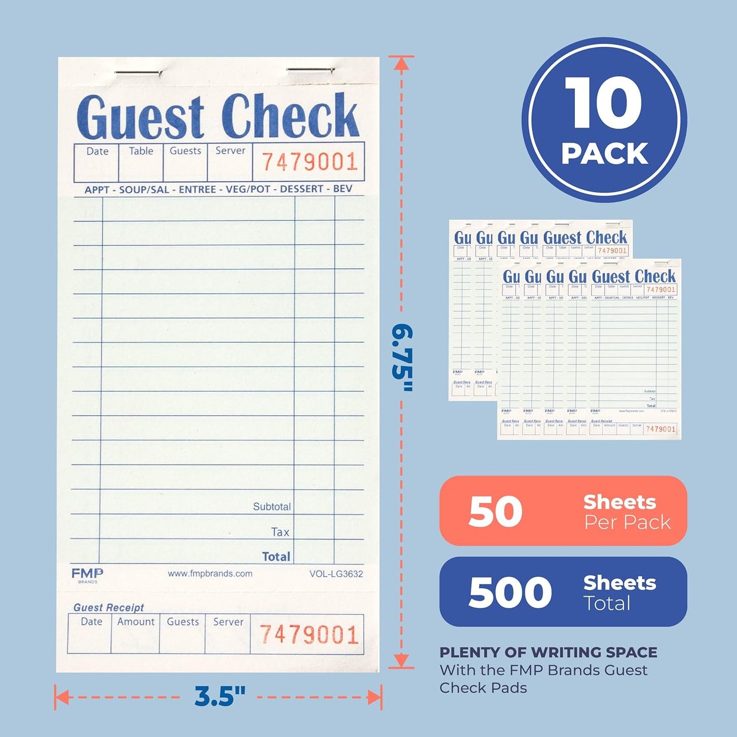 Guest Check Books for Servers, Server Note Pads Paper, Total 500 Sheets (10 Pads), Light Green with Guest Receipt, Guest Check Pads, Restaurant Order Pads, Waitress Notepads