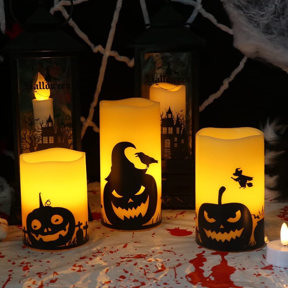 Halloween Flameless Flickering Candles - multiple designs (D 3” X H 4” 5” 6”)