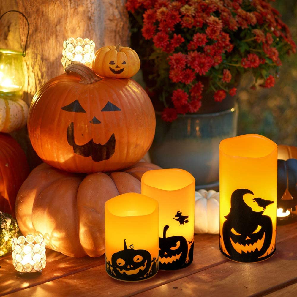 Halloween Flameless Flickering Candles - multiple designs (D 3” X H 4” 5” 6”)