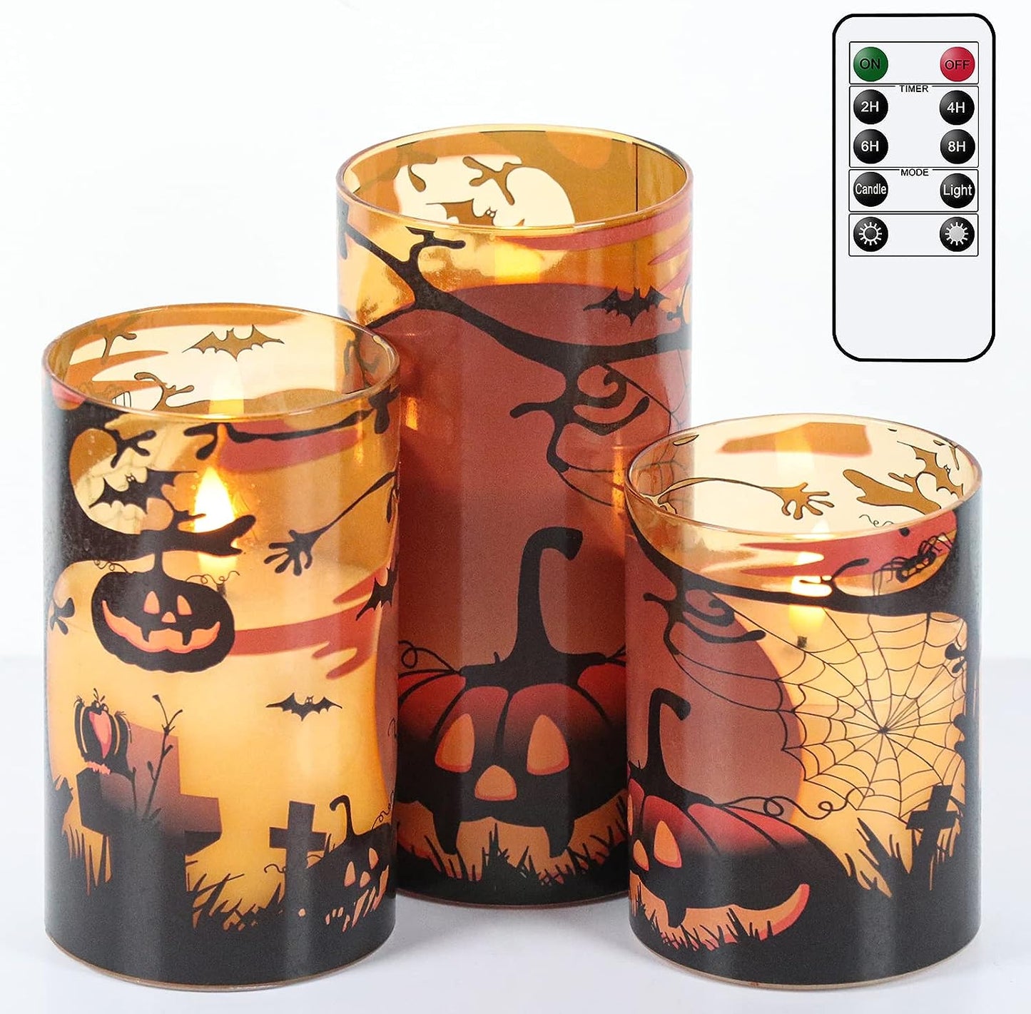 Halloween Flameless Flickering Candles - multiple designs (D 3” X H 4” 5” 6”)