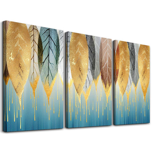 Golden Leaves Abstract Paintings 3-Pieces panels